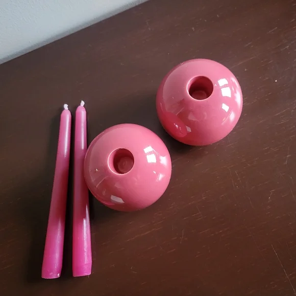 Vintage Ceramic Rose Colored Round Ball Candlestick Holders 3", Set of 2 - Picture 2 of 3